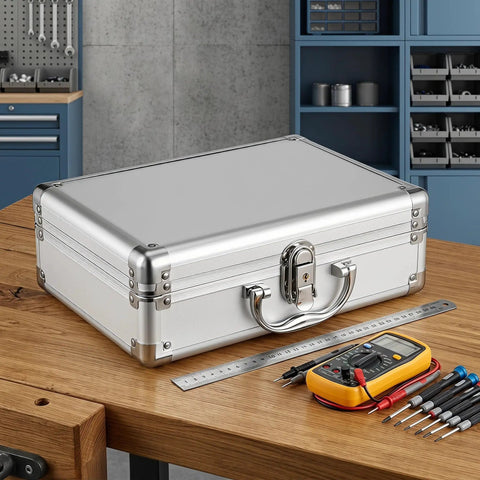 Tough As Nails Lockable Aluminum Alloy Toolbox With Shock Absorbing Foam Insert Portable hard storage case on a workbench.