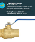 Brass full-port ball valve with blue lever handle, 1 in sweat x 1 in sweat connection