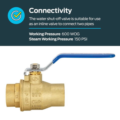 Brass full-port ball valve with blue lever handle, 1 in sweat x 1 in sweat connection