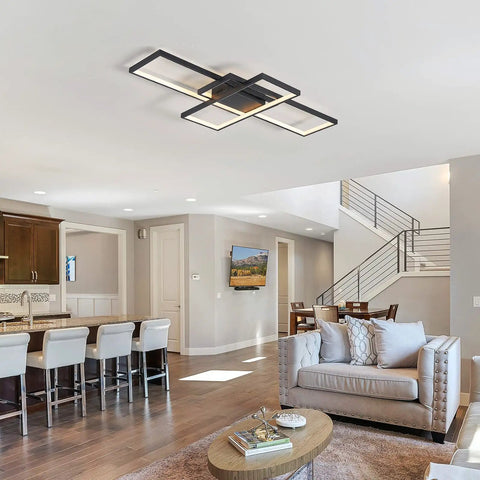 Black Modern Square LED Ceiling Light With Remote Dimmable 60W fixture in a contemporary living room setting