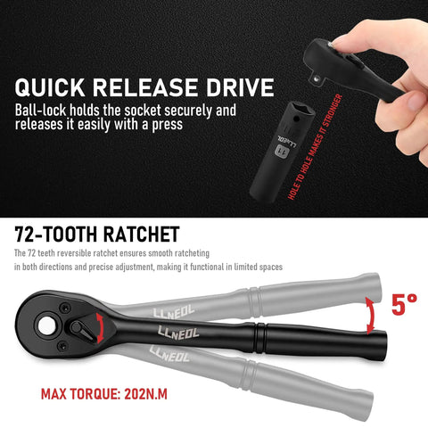 Close-up of 72-tooth ratchet handle from Heavy Duty Socket Set Three Eighths Inch Drive Ninety Five Pieces Deep And Shallow Sockets