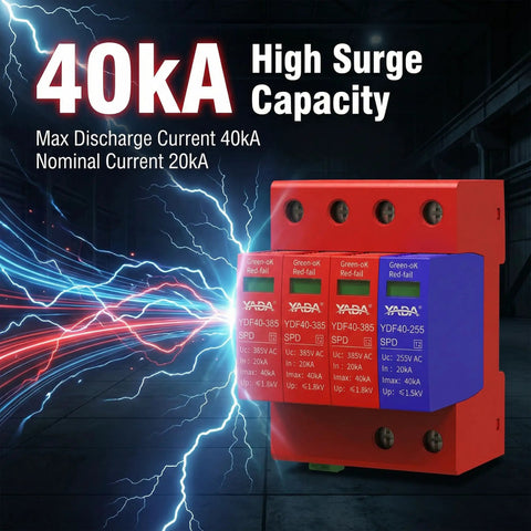 Beefed Up 3 Plus 1 Surge Protector for DIN Rail Mount 385V 40kA Type 2 AC SPD with high surge capacity shown installed.