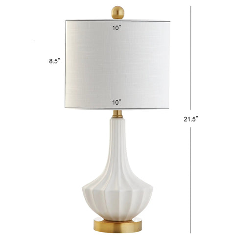 Dope White Ceramic Gold Ribbed Gourd Table Lamp 21.5 Inches With White Linen Shade, Contemporary Bedside Nightstand Light