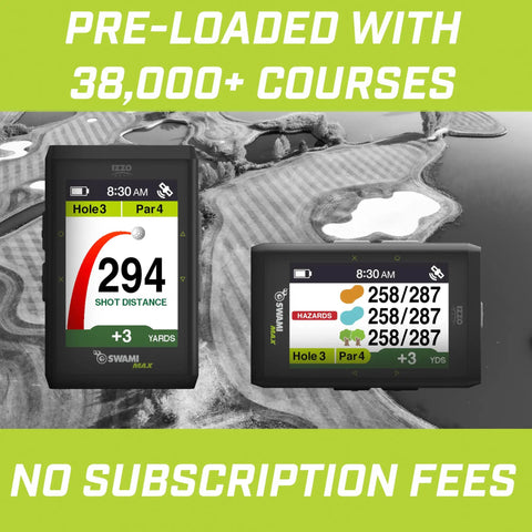 Swami Max Handheld Golf GPS Rangefinder With Oversized 3.5 Inch Color Screen displaying course yardage options for landscape view.