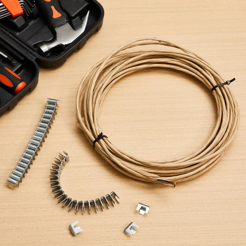 Heavy Duty Upholstery Stay Wire And Spring Repair Kit With 60 Feet Paper Wrapped Cord Plus 120 Solid Clips To Quick Fix Sagging Couches No Sweat, featuring wrapped cord and metal clips.