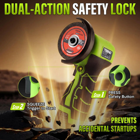 3 Inch Mini Cordless Angle Grinder Delivering Top Shelf 16.8V Power And Quick Swap Dual Batteries with safety features.