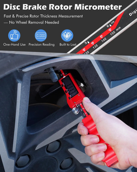 Digital Brake Rotor Caliper Tool For Disc Brake Thickness, Wheels On Rotor Gauge, 6 Inch Stainless Vernier Rotor Micrometer With Large LCD in use.