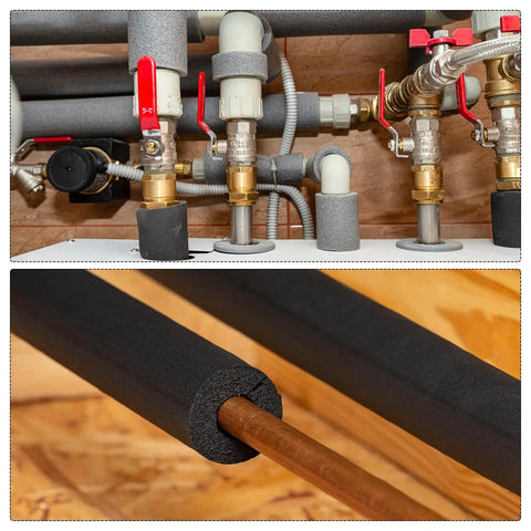 2 Pack Pipe Insulation Foam Tubes 0.6 Inch ID By 1 Inch OD 3 Feet Long Black Keeps Copper Water Lines From Freezing Heat Preservation Foam Sleeves For Cold Weather 15mm X 25mm installed on copper pipes
