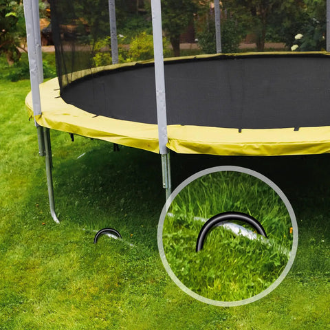 Heavy Duty U Shaped Trampoline Anchors 8 Pack Ground Stakes securing trampoline in windy yard, zinc plated steel