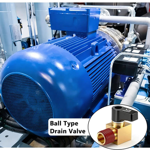 Brass Air Compressor Drain Valve Ball Valve with Lever Handle showcased on a blue compressor unit, highlighting easy manual control feature.