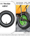 Diagram showing Tough As Nails Inner Tubes For 4.80/4.00-8 Inch Tires With TR87 Angled Valve next to a wheelbarrow tire.