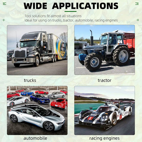 Image showing wide applications: trucks, tractor, automobile, racing engines for 16 Piece Pro Grade Piston Ring Compressor Tool Set With Pliers, Ring Spreader, And 14 Band Ratchet, Fits 2.4 To 5.7 Inch Piston Rings, Includes Blow Mold Case For Auto Car Truck Engines.