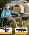 Person relaxing in a Folding Camping Chair With Canopy Shade And Cup Holders, Beach Ready Seat With Armrests, near tent outdoors.
