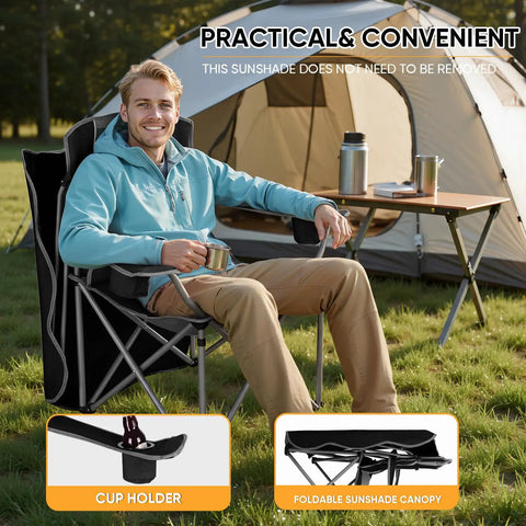 Person relaxing in a Folding Camping Chair With Canopy Shade And Cup Holders, Beach Ready Seat With Armrests, near tent outdoors.