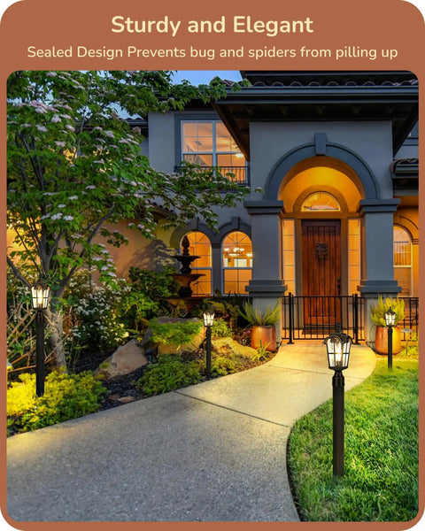 Dusk To Dawn Outdoor Post Light With Pier Mount Base Black Roman Weatherproof Lamp Post Lantern illuminating a pathway