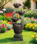 40 Inch Tall Outdoor Water Fountain With 4 Tier Crocks And LED Lights, Premium Resin And Fiberglass Construction, in garden setting