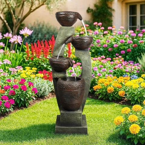 40 Inch Tall Outdoor Water Fountain With 4 Tier Crocks And LED Lights, Premium Resin And Fiberglass Construction, in garden setting