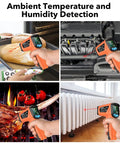 Using Non Contact Infrared Thermometer Gun With Color LCD And Laser on bread, engine, steak, radiator for ambient readings