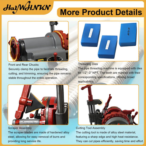 Plug And Play Heavy Duty Electric Pipe Threader Machine 1/2 To 3 Inch With Npt Dies 110V Power showing threading dies and scraper assembly.