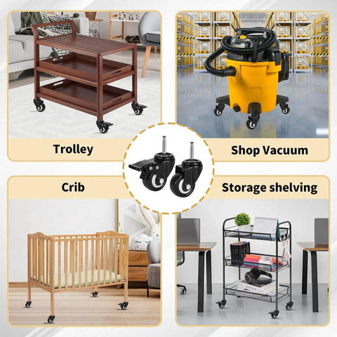 Heavy Duty 2 Inch Stem Casters Set Of 4 With Five Sixteenths By One And A Half Inch Stem Iron And Plastic Sockets for furniture like trolleys, cribs, and shop vacuums.
