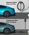 Slick Wall Mount EV Charger Holder For J1772 Plugs And Connectors Cord Organizer showing before and after images of tidiness.