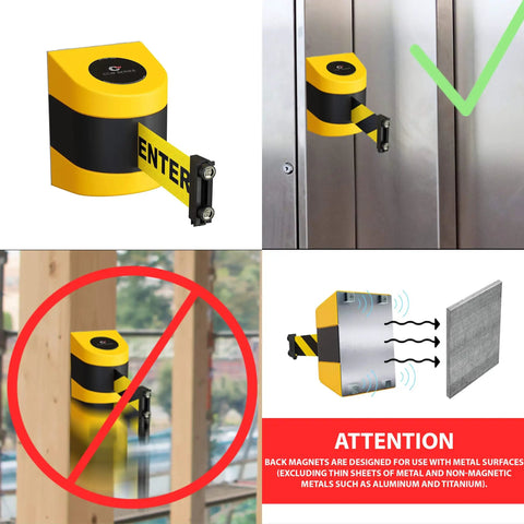 Magnetic Wall Mount Retractable Belt Barrier, 30 Foot Belt, Yellow ABS Case, Danger Forklift Trucks In Bold Black Letters.