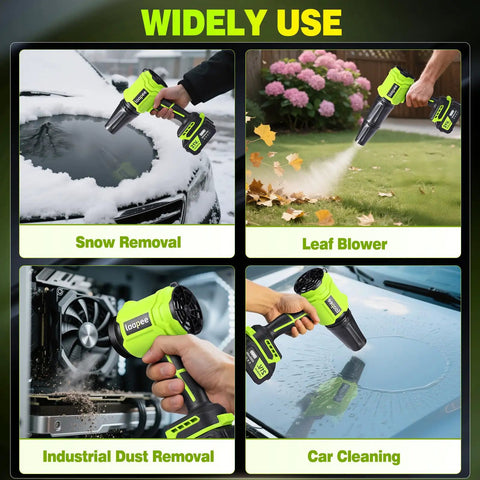 Cordless Leaf Blower With Turbine Motor Delivers Up To 800,000 RPM And Wind Speeds Of Up To 65 Meters Per Second, shown clearing snow, leaves, dust, and drying car
