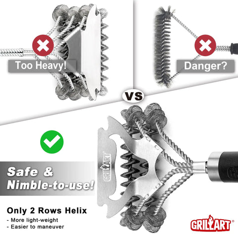 Comparison of bristle-free grill brush with stainless steel helix design against traditional brush for safe BBQ cleaning.