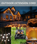 Outdoor extension cord powering holiday lights, lawn mower, and tent setup, illustrating versatility and reliability of use.