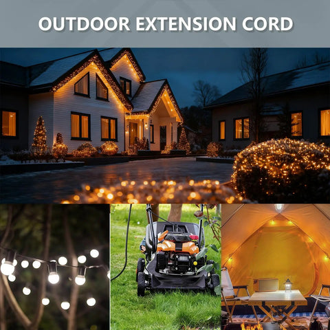 Outdoor extension cord powering holiday lights, lawn mower, and tent setup, illustrating versatility and reliability of use.