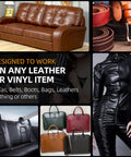 Heavy Duty Leather Recoloring Balm And Scratch Repair Kit For Couches With Straight Up Color Restorer and Furniture Dye Paste In Medium Brown on various leather goods.