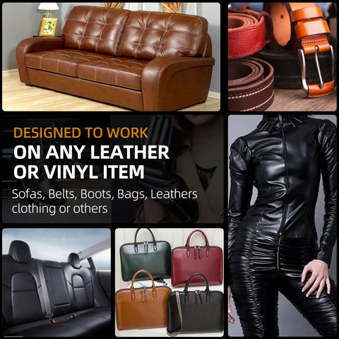 Heavy Duty Leather Recoloring Balm And Scratch Repair Kit For Couches With Straight Up Color Restorer and Furniture Dye Paste In Medium Brown on various leather goods.