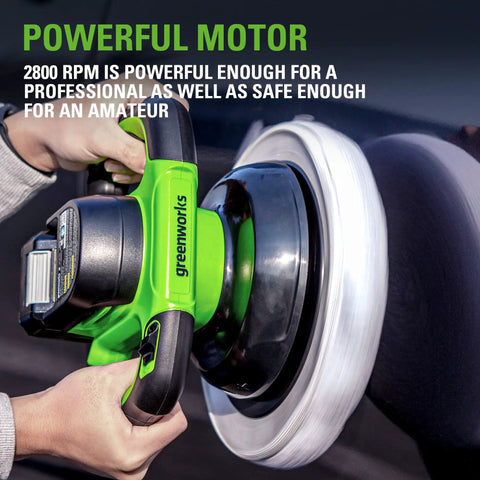 Cordless Orbital Buffer With 10 Inch Pad And 2800 RPM Long Runtime No Cord Convenience Includes 2.0Ah Battery In Use