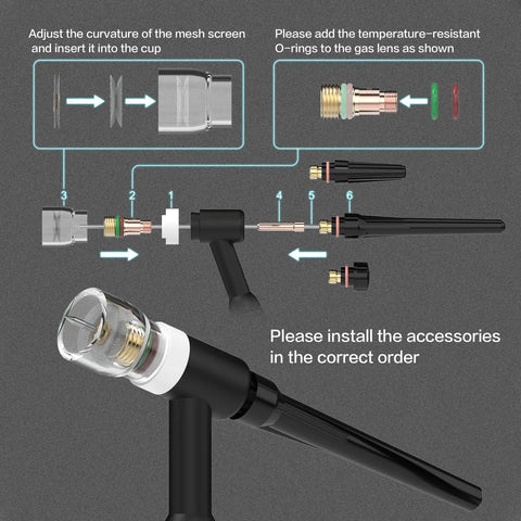 123 Piece TIG Welding Torch Kit With Alumina Nozzles Collets Stubby Gas Lens Heatproof Glass Cup And Consumables For WP17 WP18 WP26 assembly guide