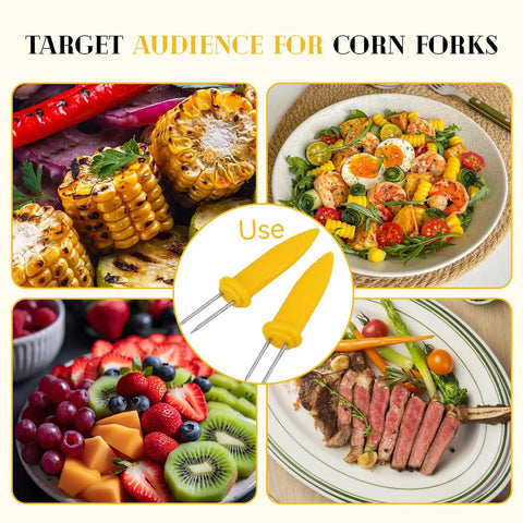 Non Slip Stainless Steel Corn On The Cob Holders Set Of 20 3.54 Inch Prongs surrounded by grilled and fresh food.