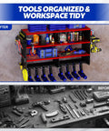 Power Tool Organizer Wall Mount, 4 Tier Heavy Duty Metal Storage Rack For Garage Shop Shed, 8 Drill Holders And Screwdriver Holder displayed.