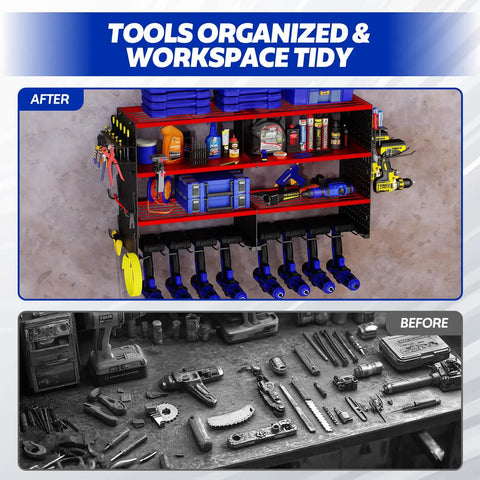 Power Tool Organizer Wall Mount, 4 Tier Heavy Duty Metal Storage Rack For Garage Shop Shed, 8 Drill Holders And Screwdriver Holder displayed.
