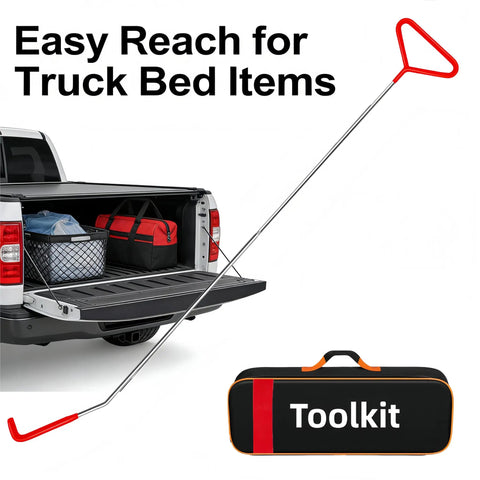 Pickup truck with tailgate down showing storage bag and reaching tool in use for easy access to items in truck bed