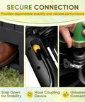 Resin Garden Hose Reel Hideaway with Easy One Hand Rewind Outdoor Hose Storage Cabinet Heavy Duty Weatherproof With No Leak Connectors Fits 170 Ft Five Eighths Inch Hose Durable Black showing secure connection features.