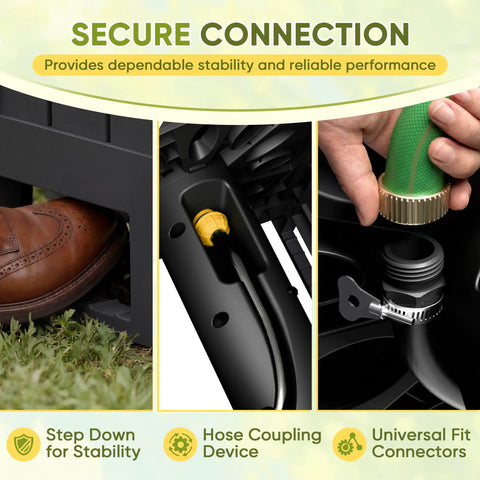 Resin Garden Hose Reel Hideaway with Easy One Hand Rewind Outdoor Hose Storage Cabinet Heavy Duty Weatherproof With No Leak Connectors Fits 170 Ft Five Eighths Inch Hose Durable Black showing secure connection features.