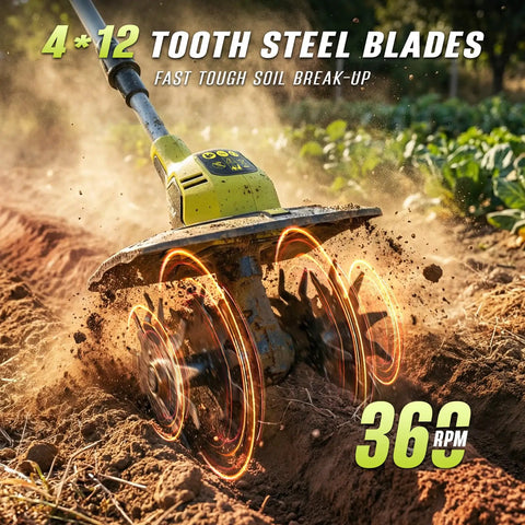 Cordless Garden Tiller With Dual 20V 4Ah Batteries, 9 Inch Tilling Width, 7 Inch Depth, 360 RPM Electric Rototiller, Brushless Motor breaking soil