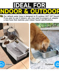 Slick Automatic Dog Water Dispenser With Hella Sturdy Two Gallon Stainless Steel Bowl For Indoor Outdoor Setup, showing usage indoors and outdoors.