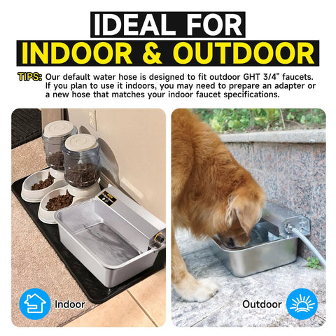 Slick Automatic Dog Water Dispenser With Hella Sturdy Two Gallon Stainless Steel Bowl For Indoor Outdoor Setup, showing usage indoors and outdoors.