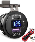 Ride Ready USB PD Type C Car Charger Socket With Digital Voltmeter And Rocker Switch Straight Shooter 12 To 24V showing USB ports and voltmeter.