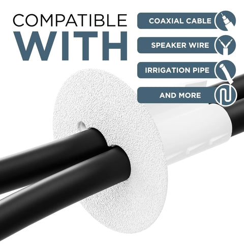 Close-up of white dual-feed-through wall grommet with two black RG6 coax cables