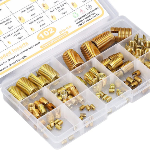 Beefy 102 Piece Self Tapping Thread Inserts Kit For M2 To M14 In Hardened High Carbon Steel, Repair Damaged Female Threads In Plastic, Copper, And Metal For Automotive And Industrial Use in organizer box