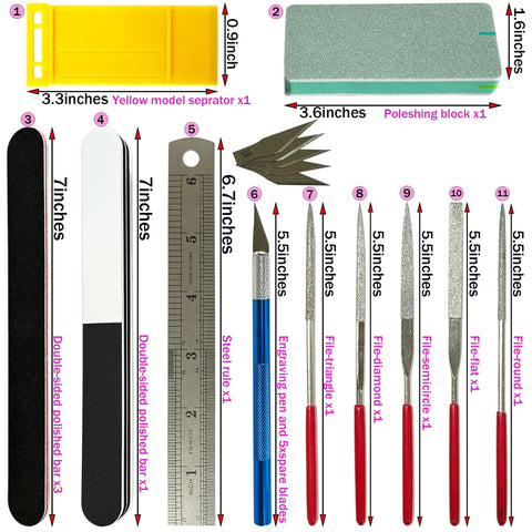 All In One Handy Hobby Model Building Tools Kit With Plastic Case For Beginners showing various tools including files and rulers.