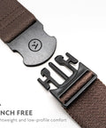 Original Unisex Adventure Belt With Heavy Duty Elastic Webbing And Non Metal Travel Buckle Medium Brown close-up