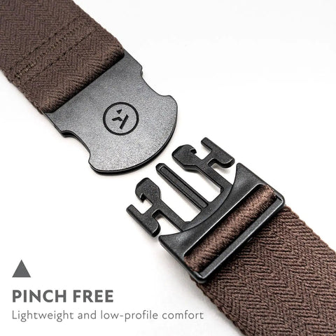 Original Unisex Adventure Belt With Heavy Duty Elastic Webbing And Non Metal Travel Buckle Medium Brown close-up