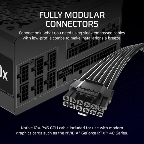 1000W Fully Modular Power Supply For ATX 3.1 PCIe 5.1 showing modular connectors and 12V 2x6 cable with black comb